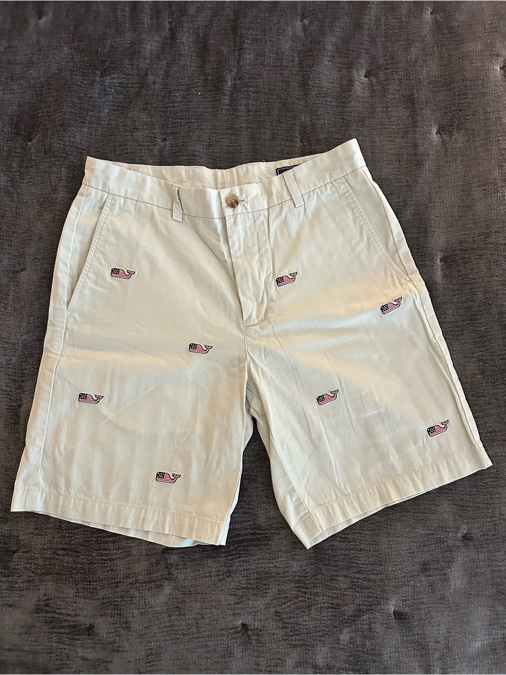 Vineyard Vines Cream Chino Shorts with American Flag Whale Embroidery